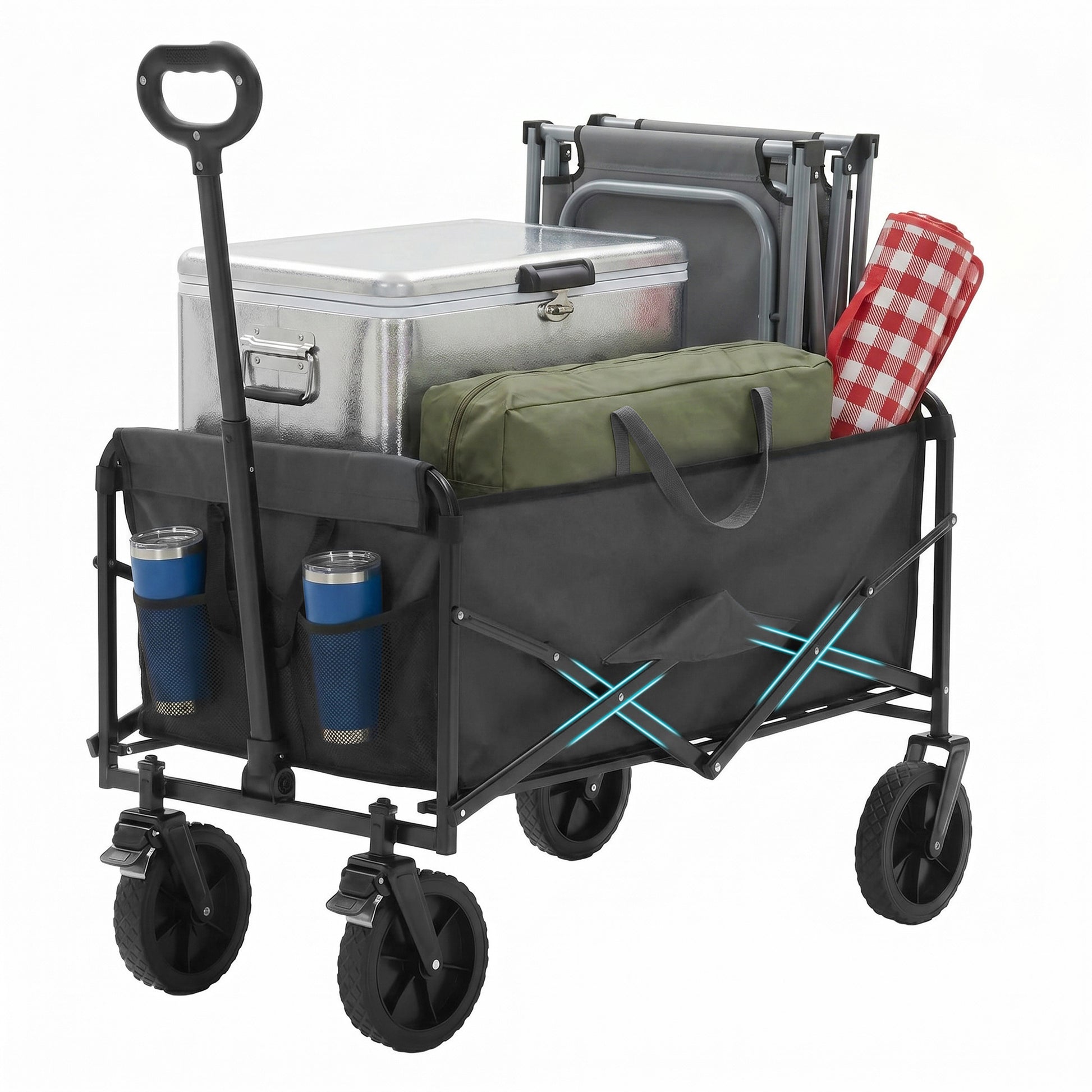 ACCVER Heavy Duty Collapsible Wagon Cart - 330LBS Capacity Folding Utility Cart w/ All-Terrain Wheels, Drink Holders for Camping, Beach, Grocery, Sports (Foldable & Portable), Grey