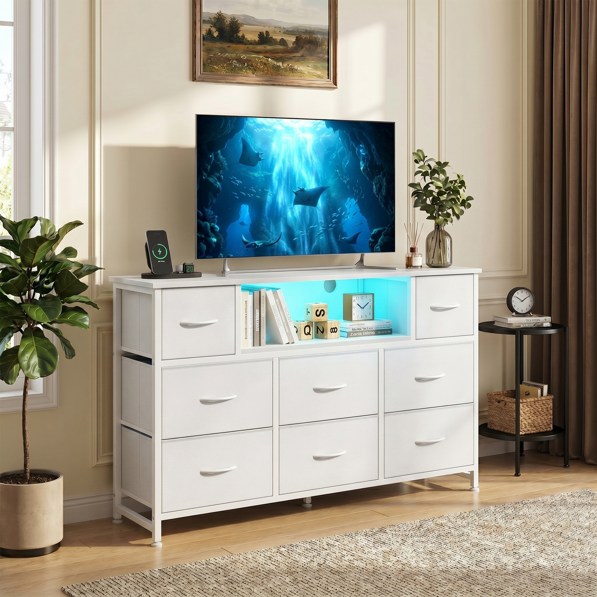 LIFERECORD Dresser TV Stand for 45-55 Inch, Chest of Drawers with LED Lights & USB Ports, Entertainment Center with Charging Station, Wood Top Media Console for Bedroom
