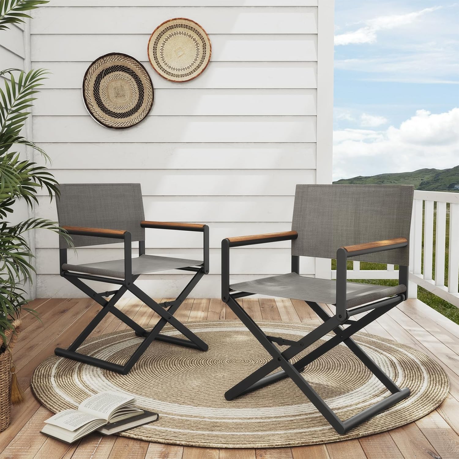 LIFERECORD Extra-Wide 2-Pack Directors Chairs, Outdoor Folding Chairs with UV-Resistant Mesh Sling for Camping, Patio, Poolside, Grey