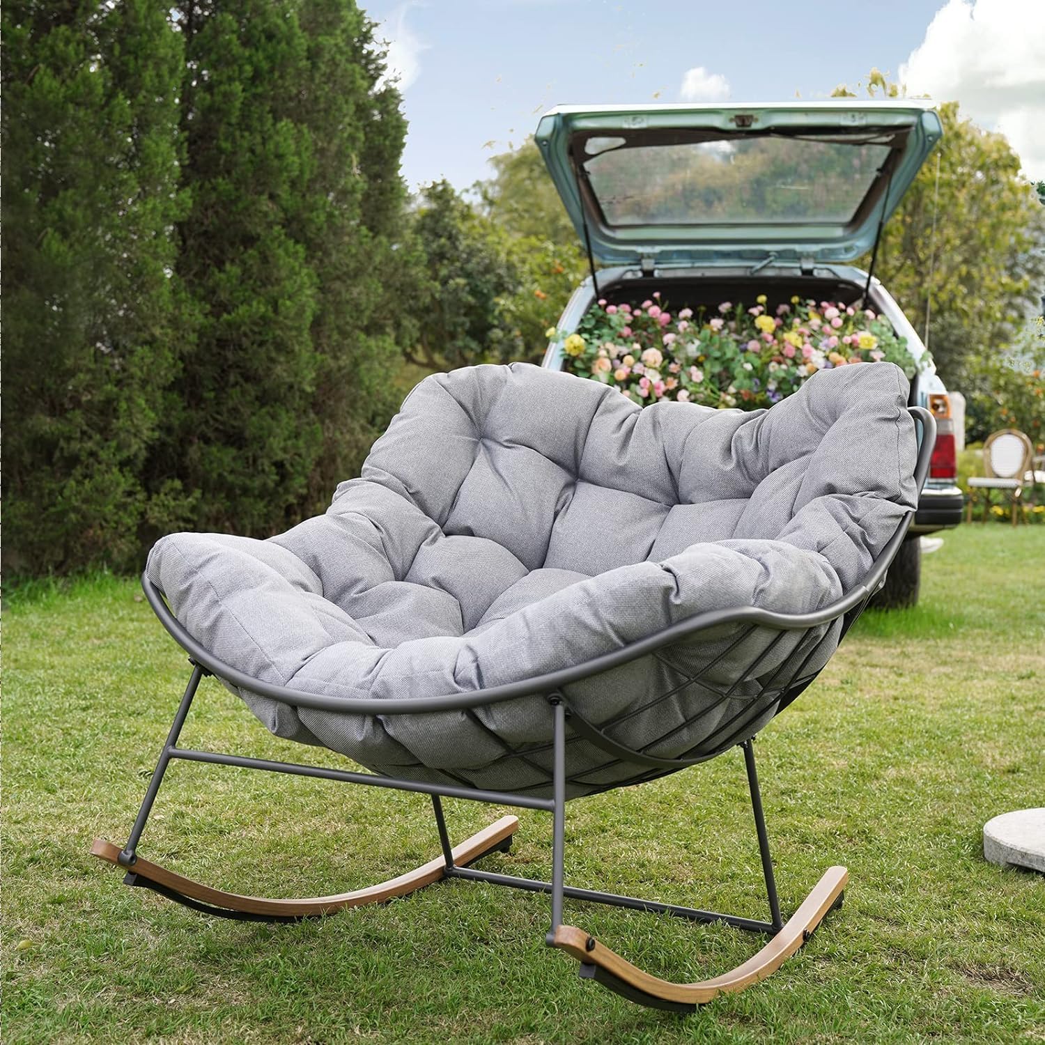 Outdoor Rocking Chair E-Coated Rocking Chair with Cushion Outdoor Rocker Recliner Chair for Patio Porch Garden Backyard, Gray