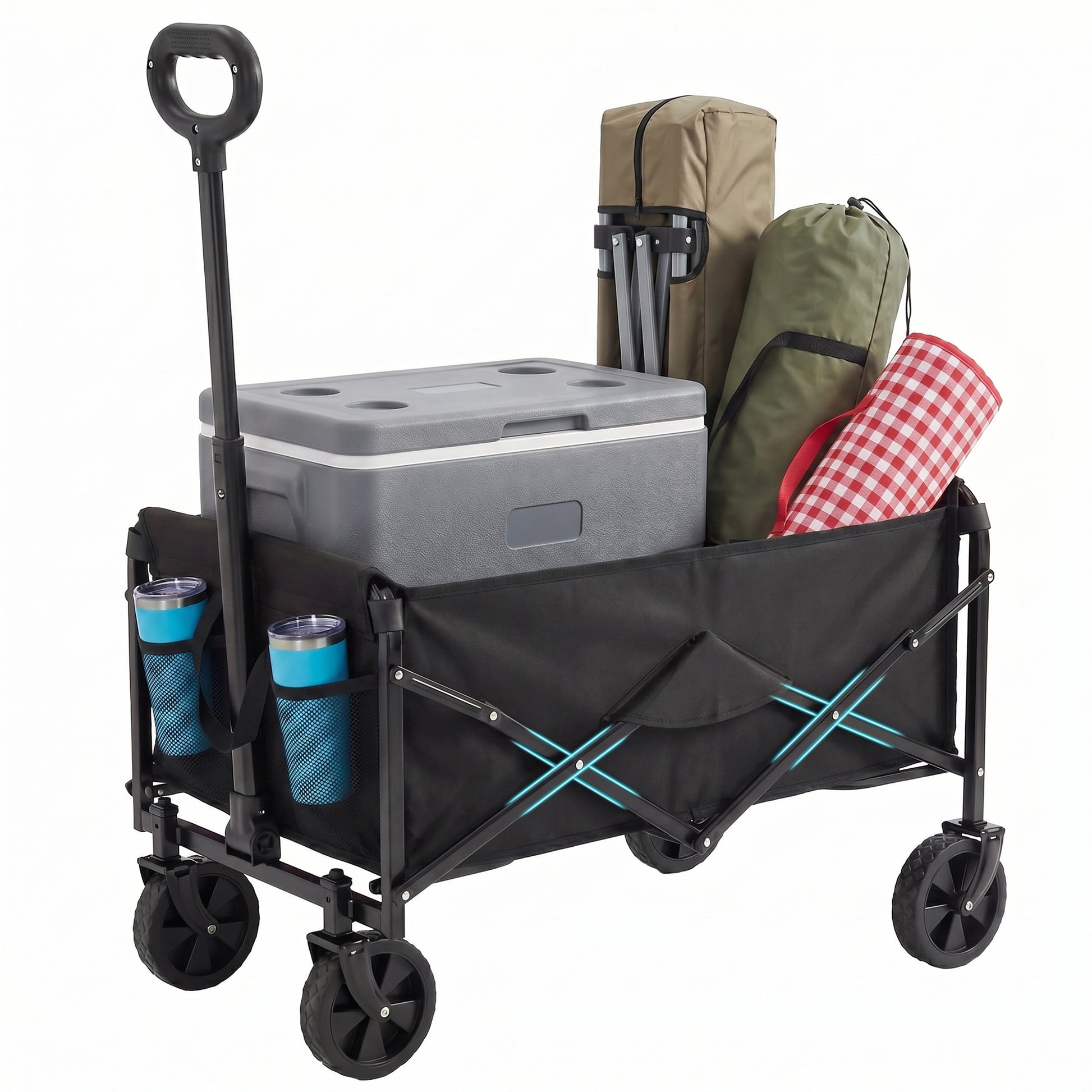 ACCVER Heavy Duty Collapsible Wagon Cart - 220LBS Capacity Folding Utility Cart w/ All-Terrain Wheels, Drink Holders for Camping, Beach, Grocery, Sports (Foldable & Portable), Black
