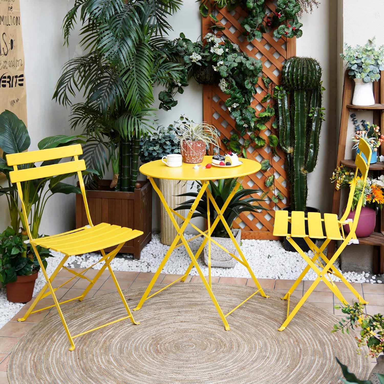 3-Piece Folding Bistro Set, 2 Chairs and 1 Table, Weather-Resistant Outdoor Indoor Conversation Set for Patio, Yard, Yellow
