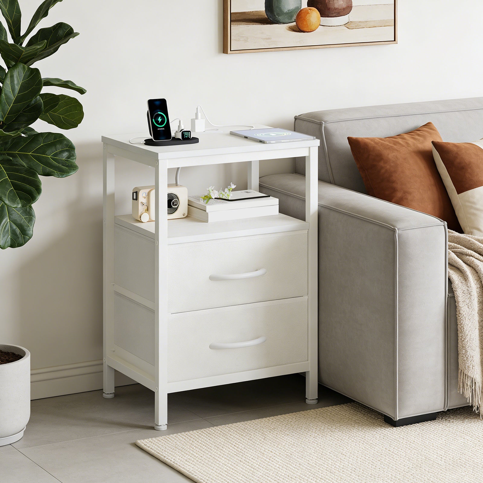 LIFERECORD Night Stand with 2 Fabric Drawers, Nightstand with Charging Station, End Tables with Storage Shelf for Small Spaces, Bedside Table Side Tables for Bedroom, White