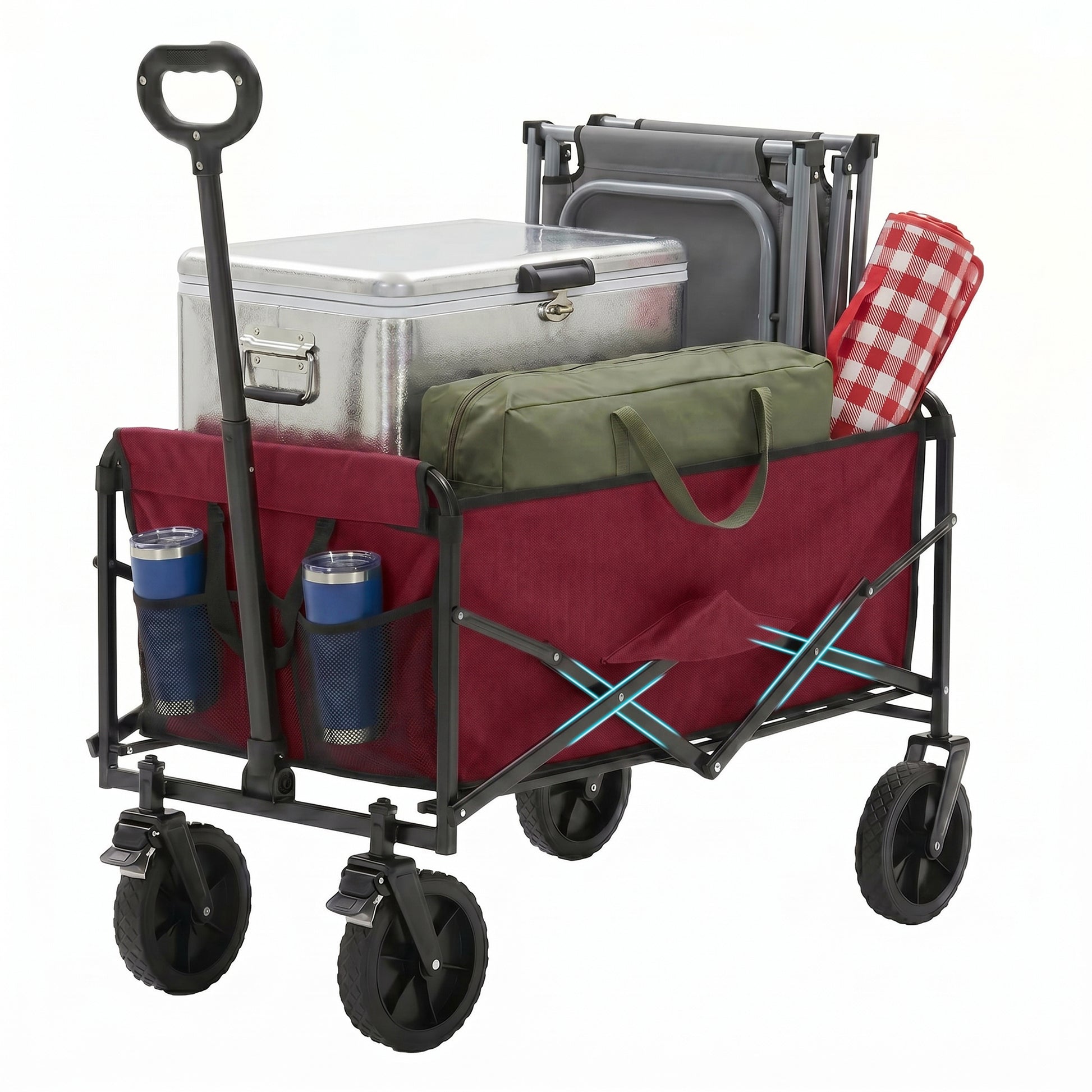 ACCVER Heavy Duty Collapsible Wagon Cart - 330LBS Capacity Folding Utility Cart w/ All-Terrain Wheels, Drink Holders for Camping, Beach, Grocery, Sports (Foldable & Portable), Red