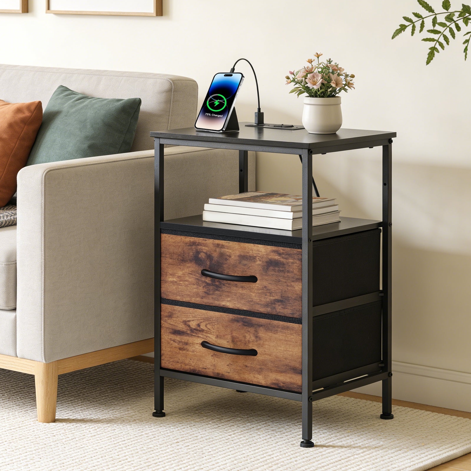 LIFERECORD Night Stand with 2 Fabric Drawers, Nightstand with Charging Station, End Tables with Storage Shelf for Small Spaces, Bedside Table Side Tables for Bedroom, Black & Brown