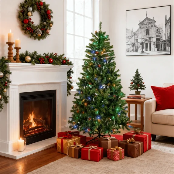 LIFERECORD 4.5ft Pre-lit Artificial Christmas Tree with 120 Color Changing LED Lights, 8 Modes Full Green PVC Xmas Tree with 347 Branch Tips & Metal Stand for Party Decoration