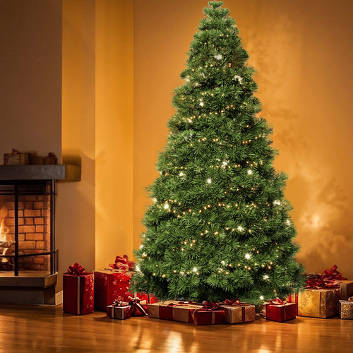 ACCVER 9ft Pre-lit Artificial Spruce Christmas Tree - 347 Dense PVC Branch Tips, 120 Warm Incandescent Lights with 8 Modes, Green