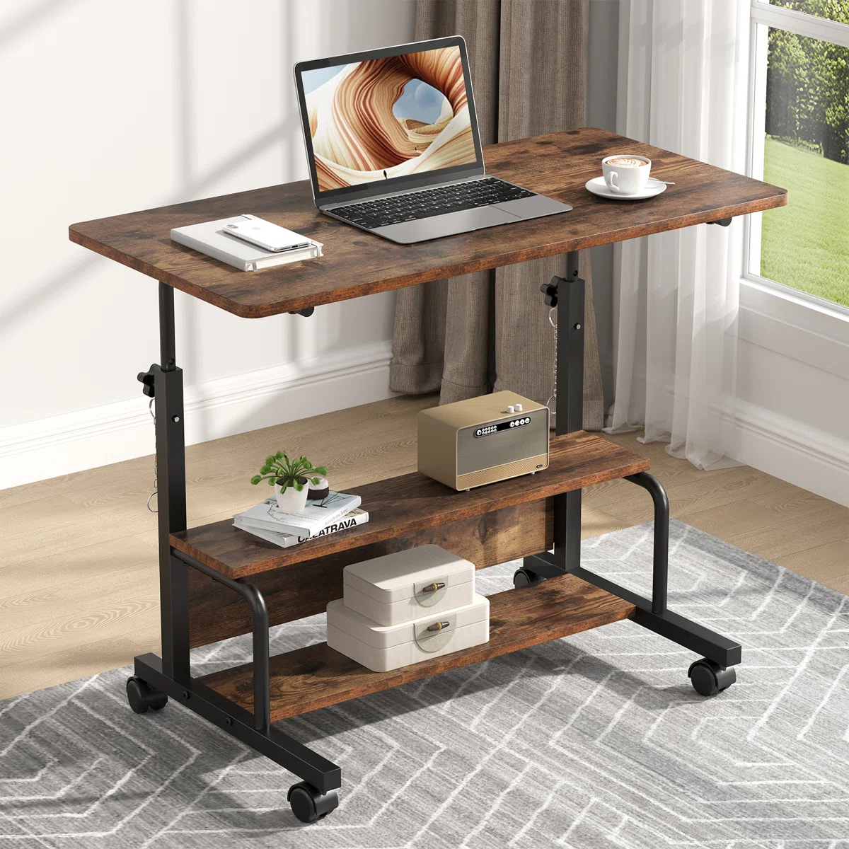 LIFERECORD Adjustable Height Standing Desk 31.5", Portable Rolling Desk on Wheels, Mobile Computer Desk with Lockable Wheels & 2-Tier Storage for Small Spaces Home Office