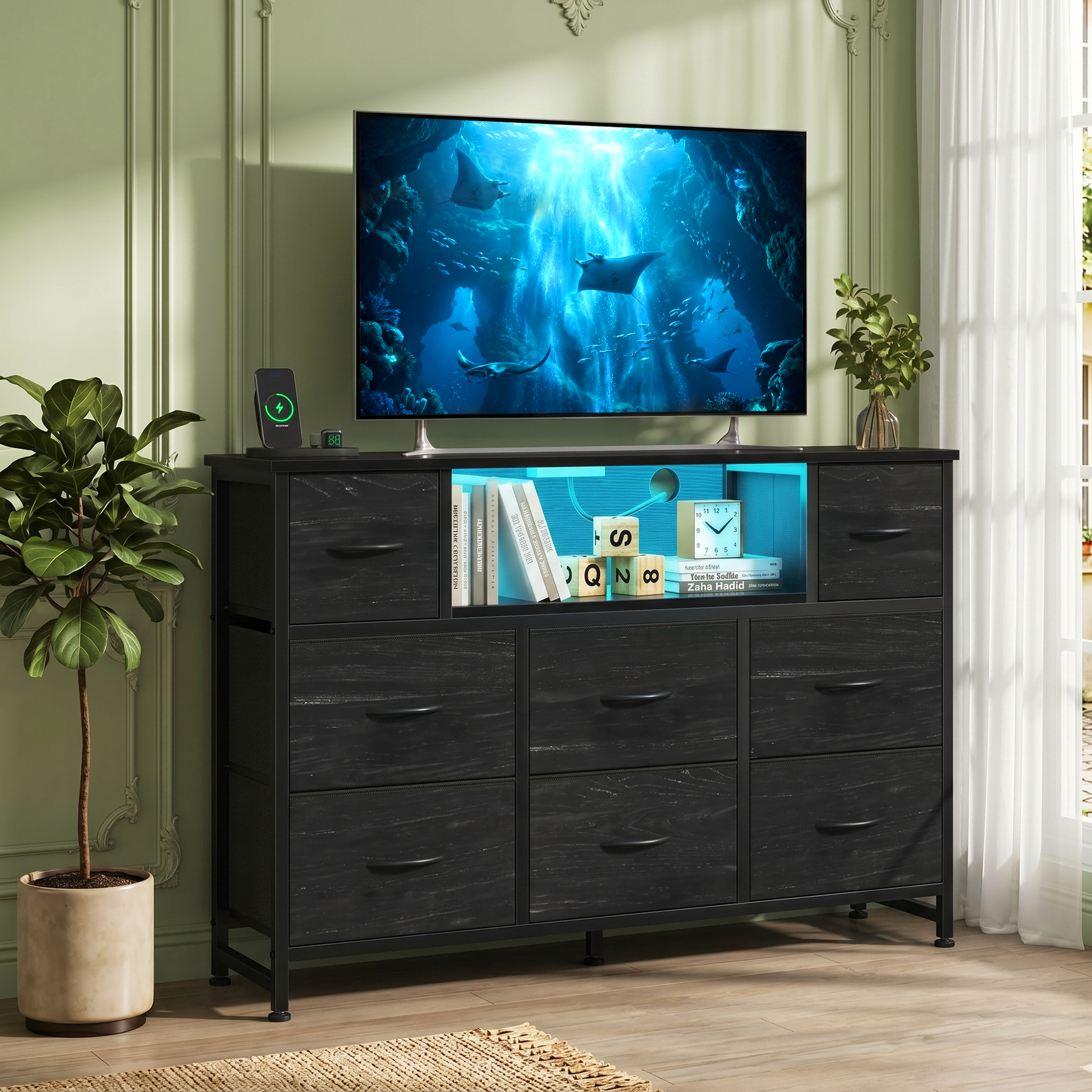 LIFERECORD Dresser TV Stand for 45-55 Inch, Chest of Drawers with LED Lights & USB Ports, Entertainment Center with Charging Station, Wood Top Media Console for Bedroom