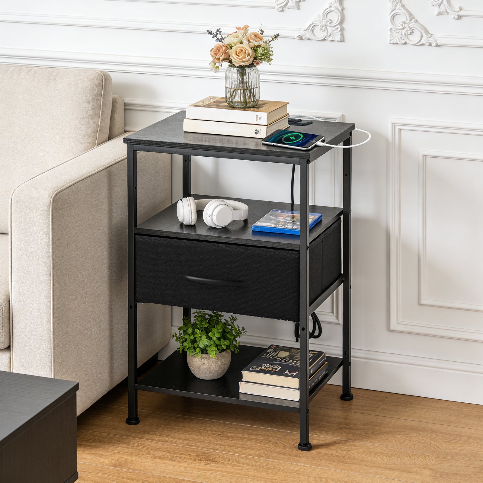 LIFERECORD Night Stand with Fabric Drawer, Nightstand with Charging Station, End Tables with Storage Shelf for Small Spaces, Bedside Table Side Tables for Bedroom, Black