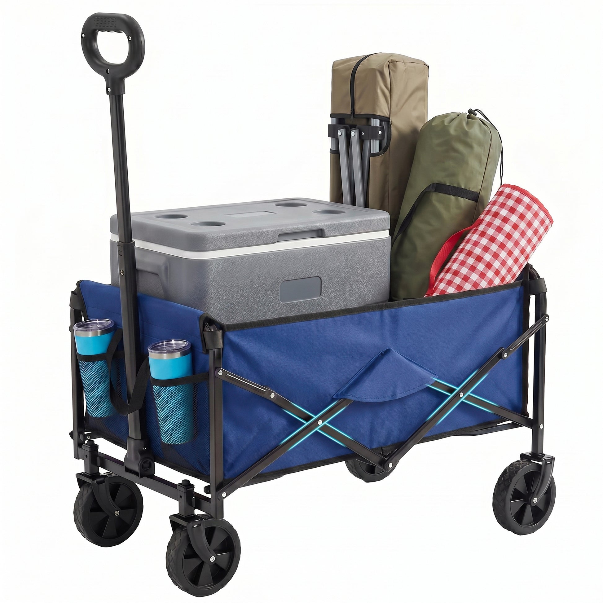 ACCVER Heavy Duty Collapsible Wagon Cart - 220LBS Capacity Folding Utility Cart w/ All-Terrain Wheels, Drink Holders for Camping, Beach, Grocery, Sports (Foldable & Portable), Blue
