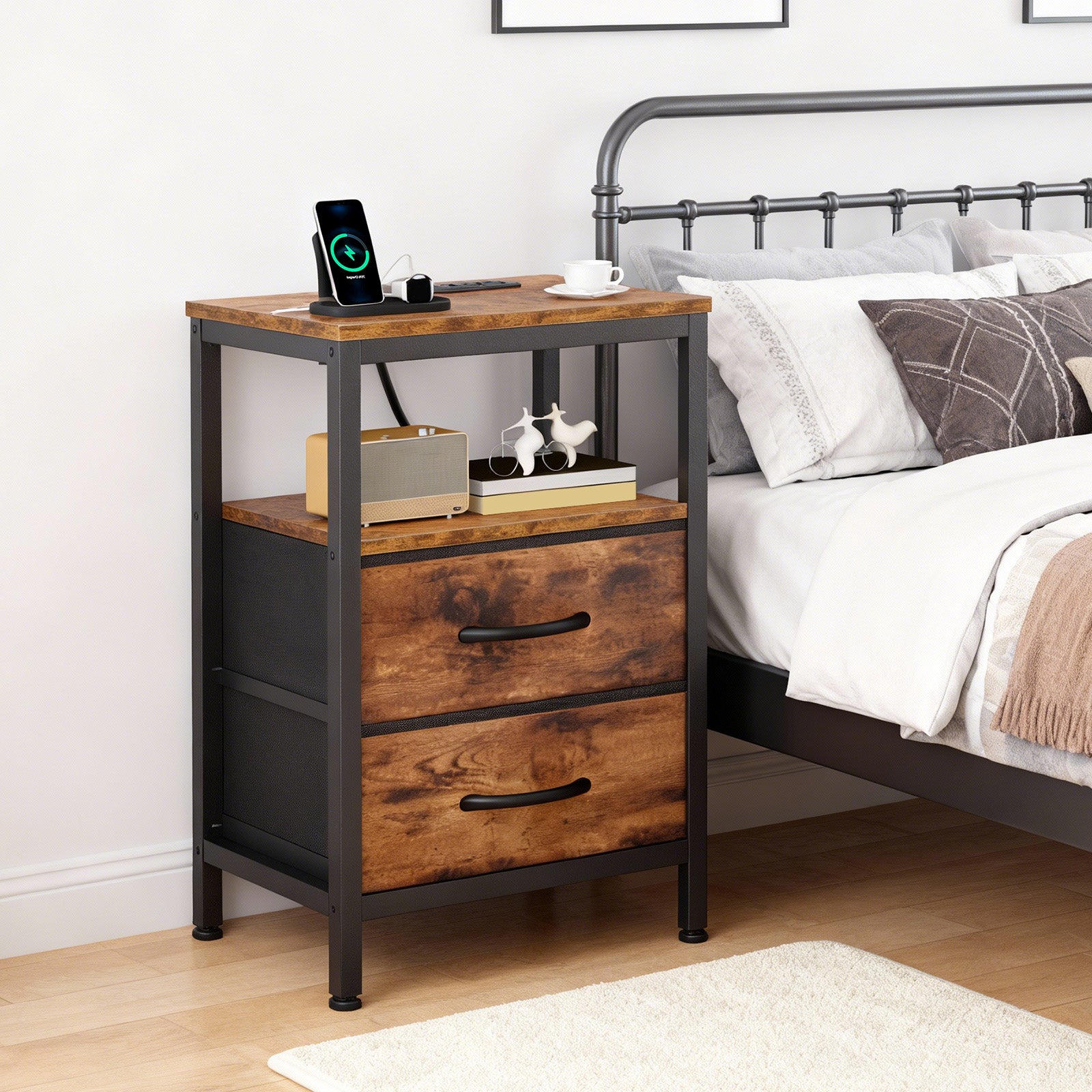 LIFERECORD Night Stand with 2 Fabric Drawers, Nightstand with Charging Station, End Tables with Storage Shelf for Small Spaces, Bedside Table Side Tables for Bedroom, Rustic Brown