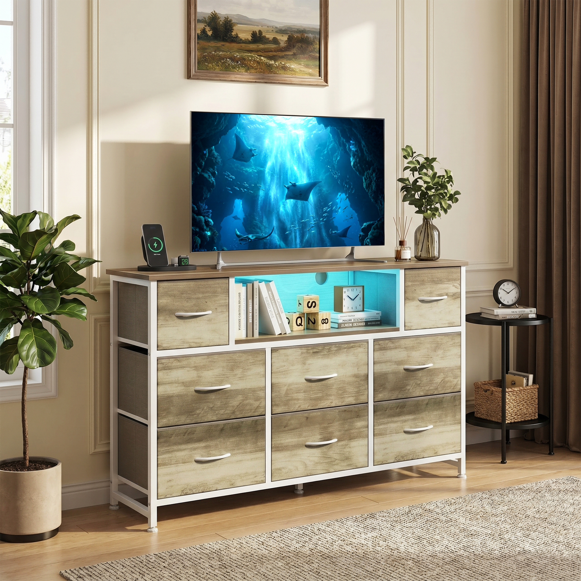 LIFERECORD Dresser TV Stand for 45-55 Inch, Chest of Drawers with LED Lights & USB Ports,, Entertainment Center with Charging Station, Wood Top Media Console for Bedroom