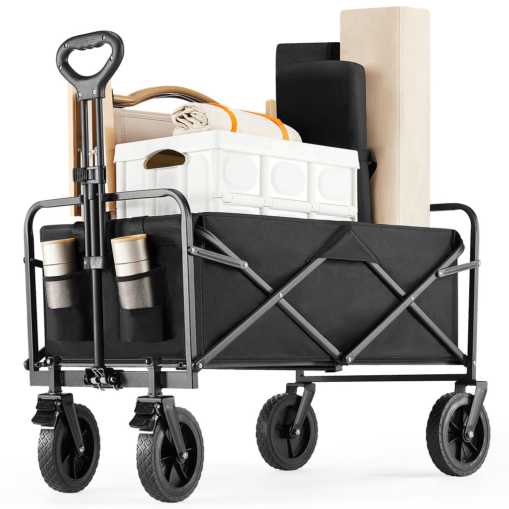 ACCVER Heavy Duty Collapsible Wagon Cart - 400LBS Capacity Folding Utility Cart w/ All-Terrain Wheels, Drink Holders for Camping, Beach, Grocery, Sports (Foldable & Portable), Extra Large Black