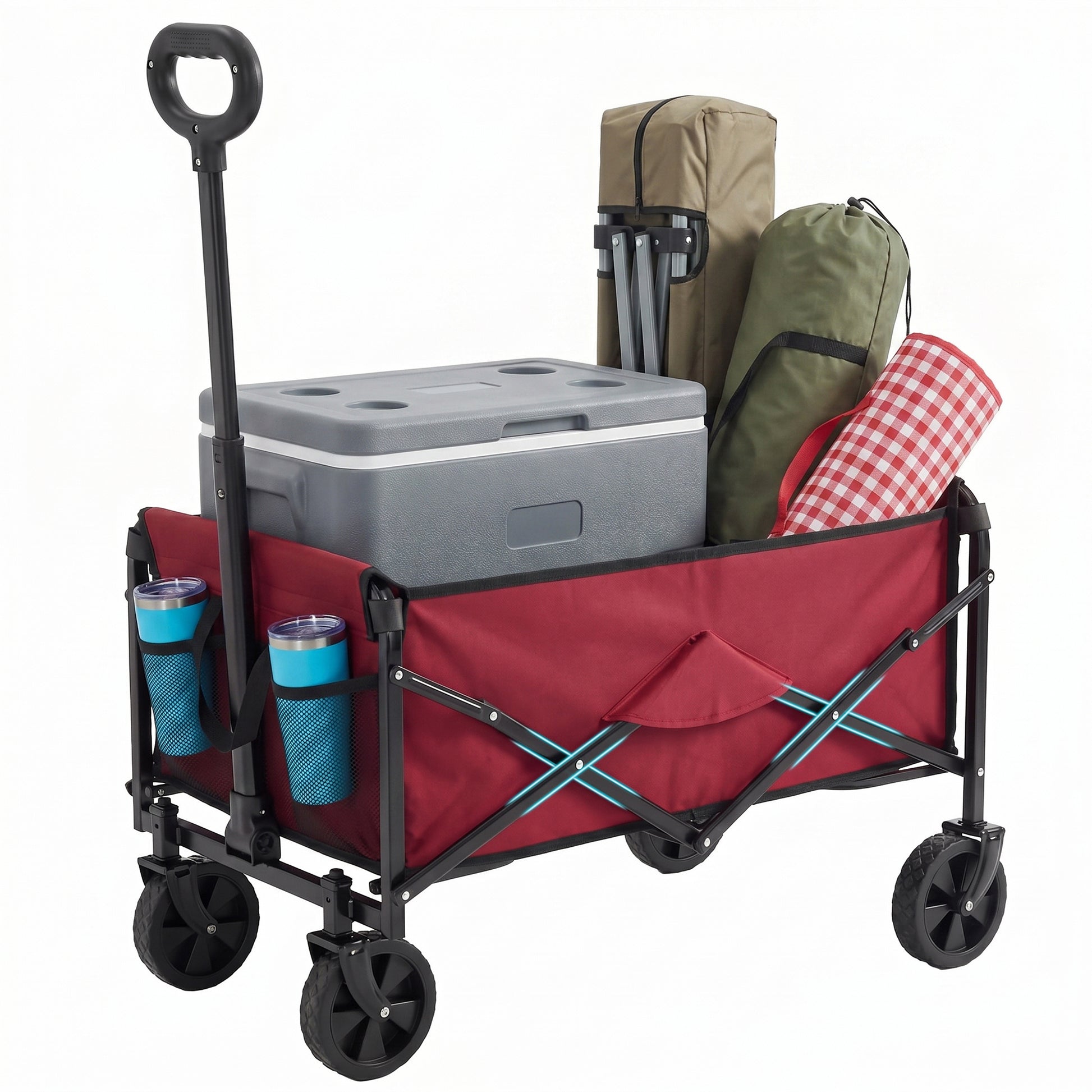 ACCVER Heavy Duty Collapsible Wagon Cart - 220LBS Capacity Folding Utility Cart w/ All-Terrain Wheels, Drink Holders for Camping, Beach, Grocery, Sports (Foldable & Portable), Red