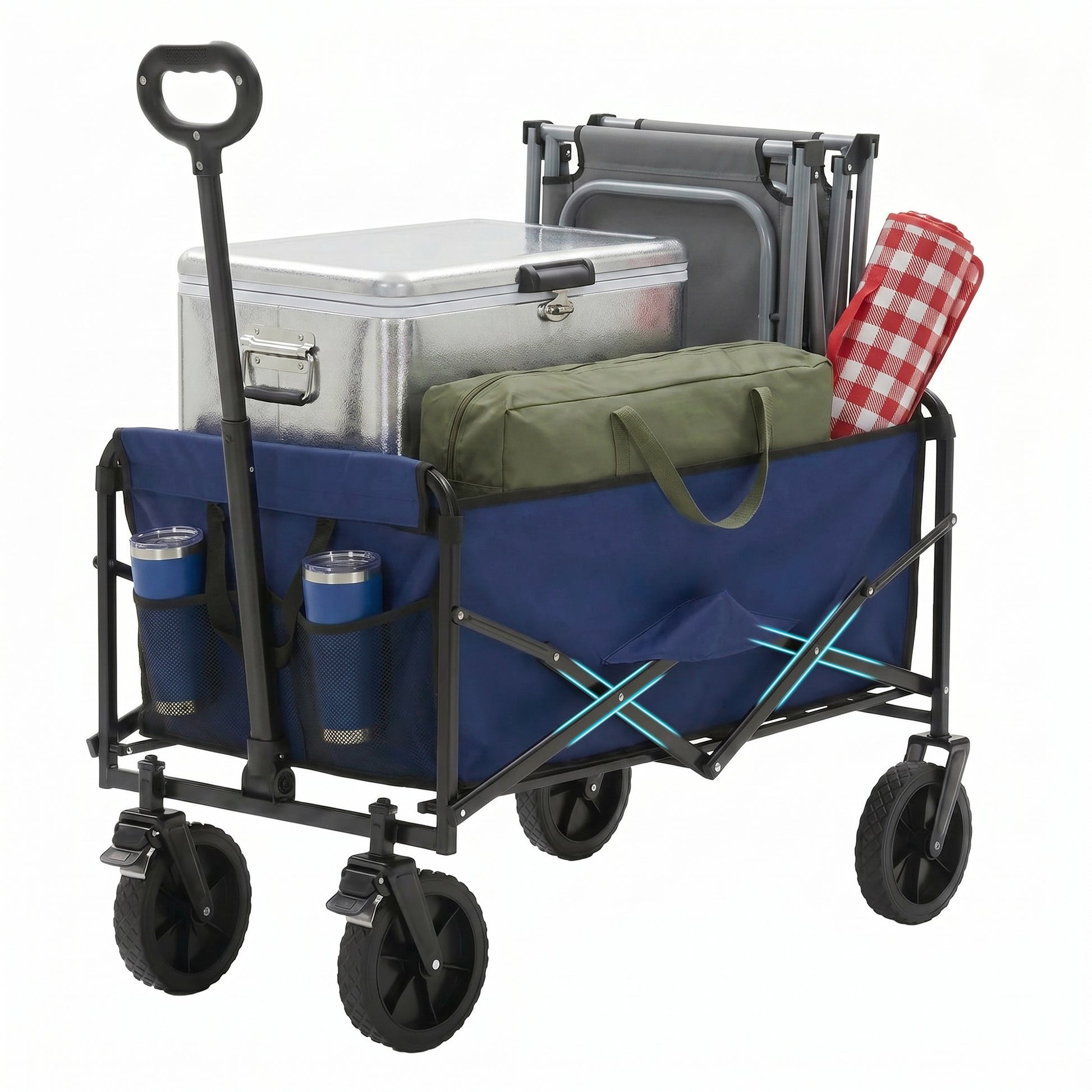 ACCVER Heavy Duty Collapsible Wagon Cart - 330LBS Capacity Folding Utility Cart w/ All-Terrain Wheels, Drink Holders for Camping, Beach, Grocery, Sports (Foldable & Portable), Blue