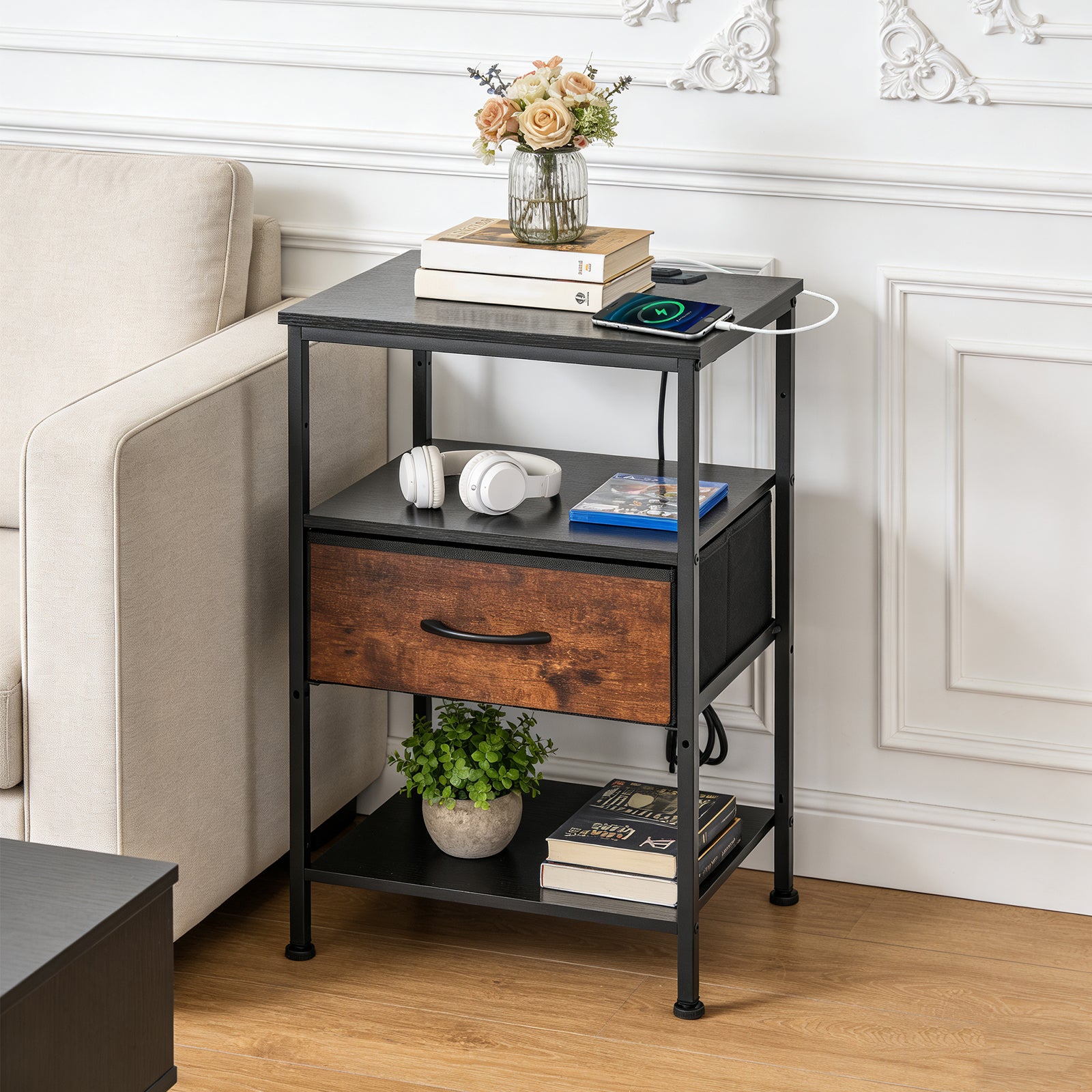 LIFERECORD Night Stand with Fabric Drawer, Nightstand with Charging Station, End Tables with Storage Shelf for Small Spaces, Bedside Table Side Tables for Bedroom, Black & Brown