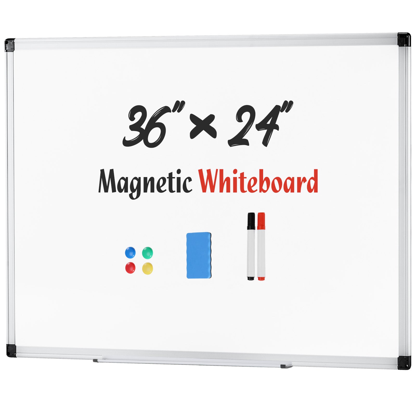 ROSVOVO 36x24 Inch Magnetic Dry Erase Board for Wall - Aluminum Frame Whiteboard Kit with Pen Tray, Markers & Magnets for Office, Home & Classroom