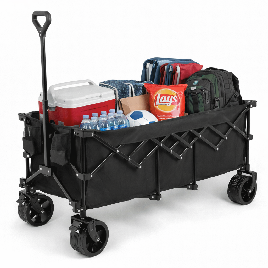 ACCVER Heavy Duty Collapsible Wagon Cart - 440LBS Capacity Folding Utility Cart w/ All-Terrain Wheels, Drink Holders for Camping, Beach, Grocery, Sports (Foldable & Portable), Extra Large Black