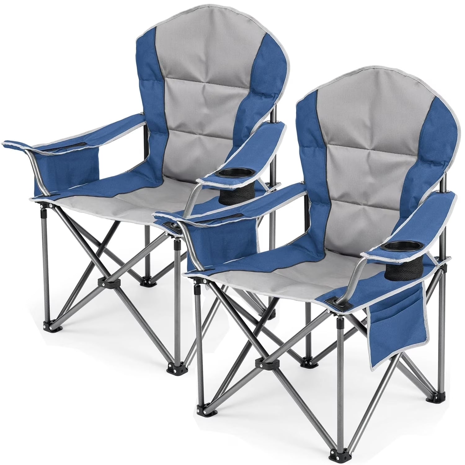 ACCVER 500 LBS Capacity Oversized Camping Chairs Set of 2 - Heavy Duty Folding Chairs, Cup Holder, Storage Pocket & Built-in Cooler Bag, Portable Steel Frame for Lawn, Beach, Tailgating - Blue & Grey