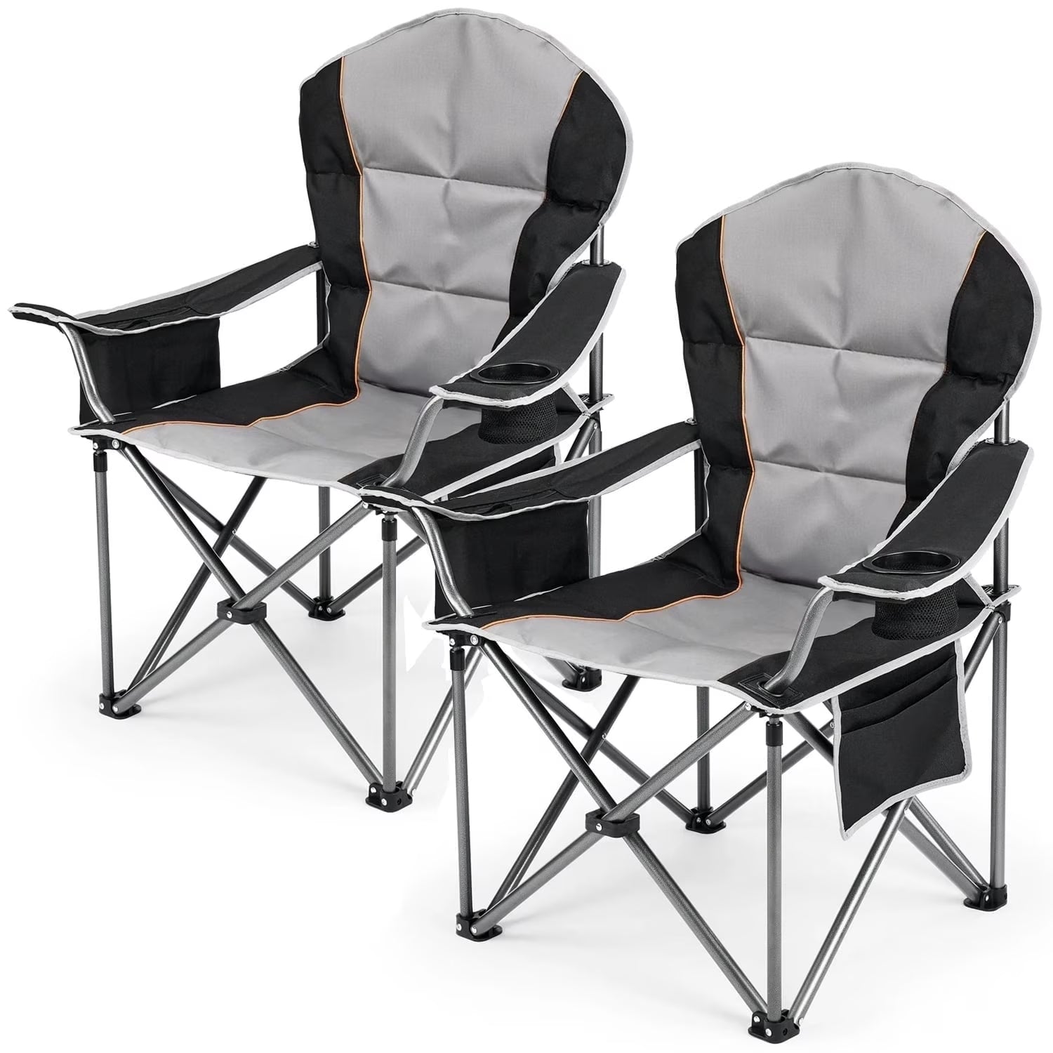 ACCVER 500 LBS Capacity Oversized Camping Chairs Set of 2 - Heavy Duty Folding Chairs, Cup Holder, Storage Pocket & Built-in Cooler Bag, Portable Steel Frame for Lawn, Beach - Black & Grey