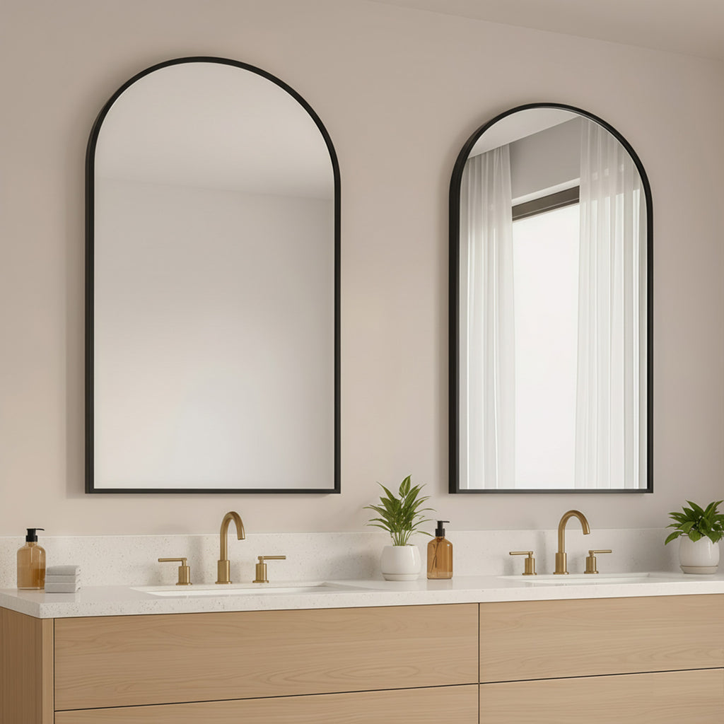 LIFERECORD 20"x30" Metal Frame Arched Bathroom Mirror, Black