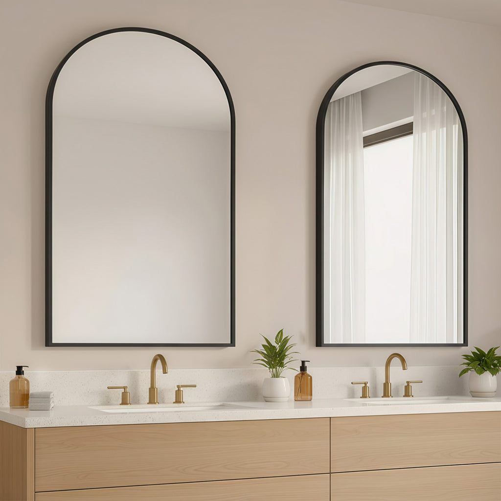 LIFERECORD 24" x 36" Metal Frame Arched Bathroom Mirror, Black