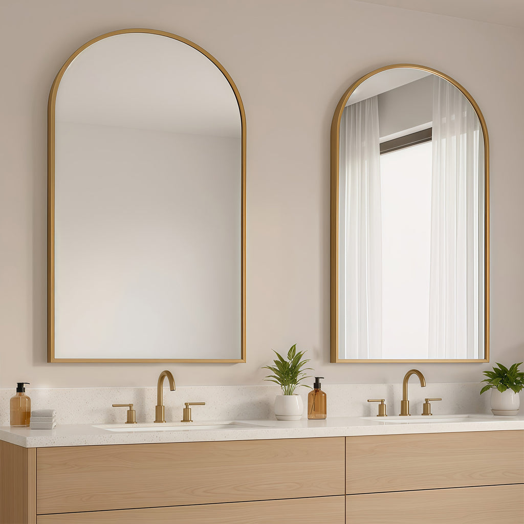 LIFERECORD 24" x 36" Metal Frame Arched Bathroom Mirror, Gold