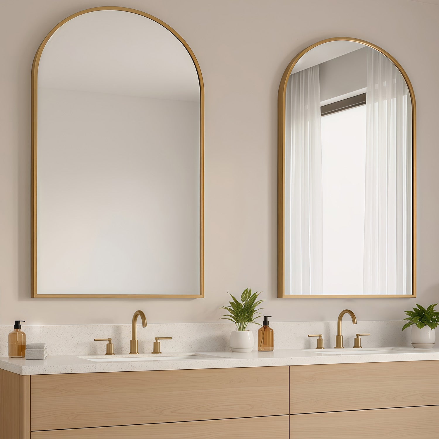 LIFERECORD 26" x 38" Metal Frame Arched Bathroom Mirror, Gold