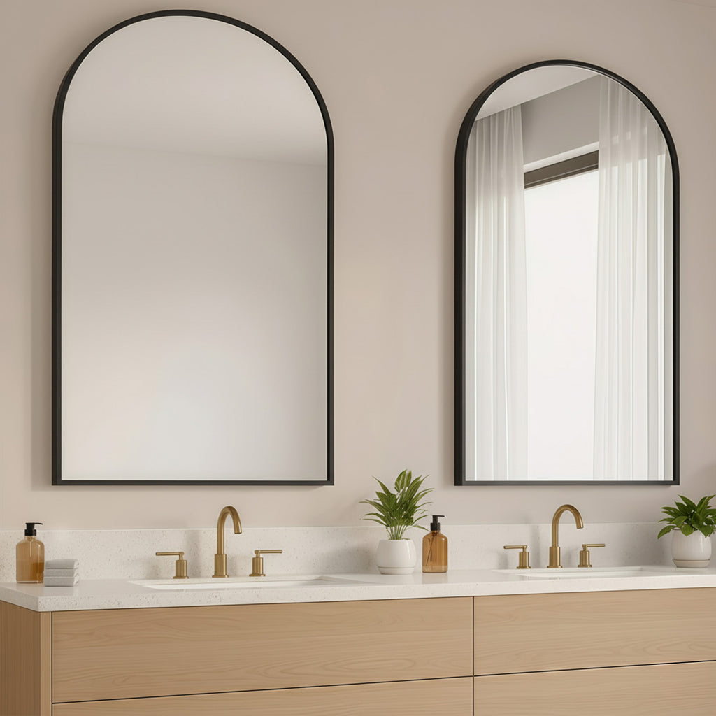 LIFERECORD 26"x38" Metal Frame Arched Bathroom Mirror, Black