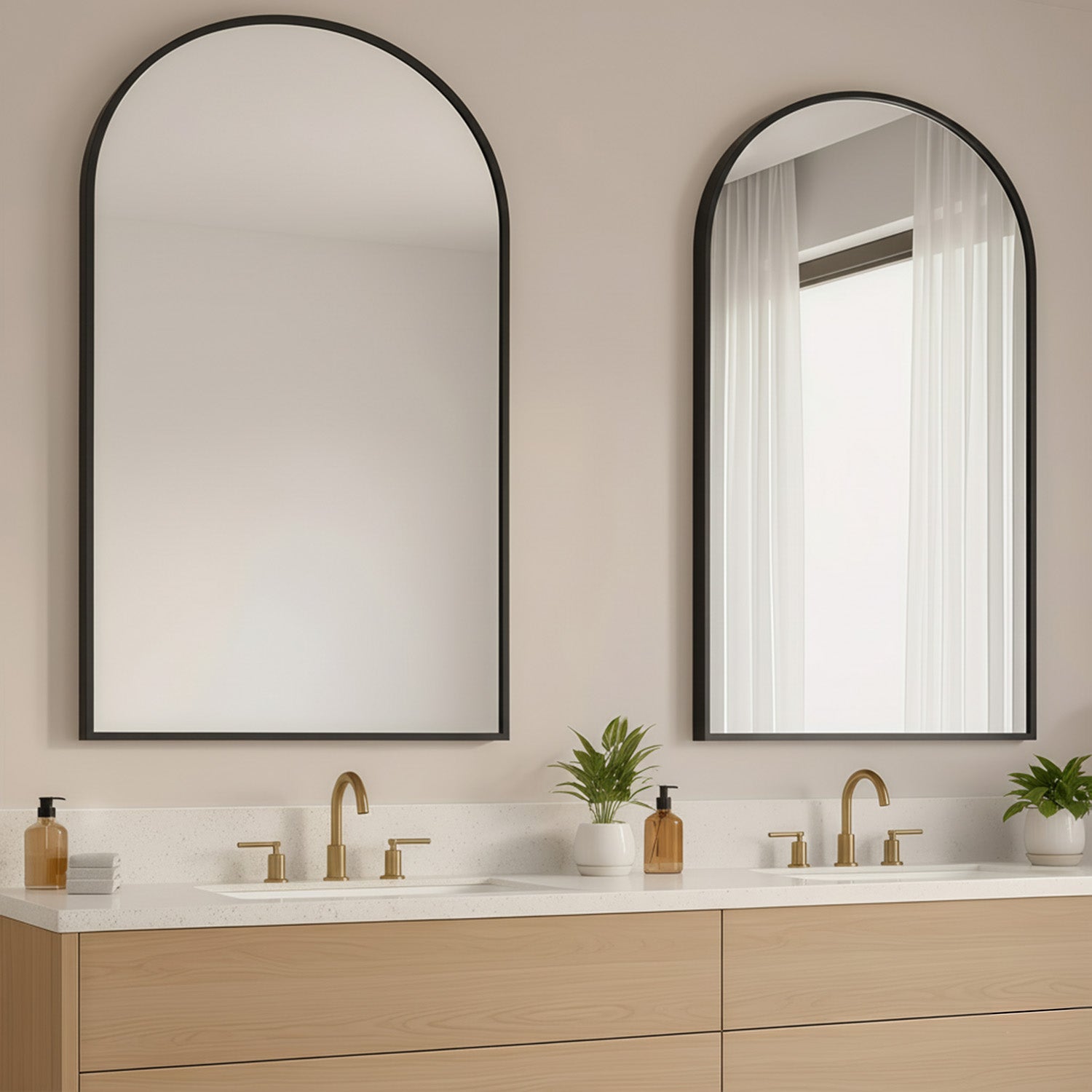 LIFERECORD 26"x38" Metal Frame Arched Bathroom Mirror, Black