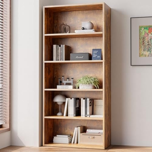 LIFERECORD Bookshelf, 5-Tier Bookcase, Wooden Book Shelf, Open Storage Shelf, 9.25 x 23.82 x 52.95 Inches, for Living Room, Home Office, Dinning Room, Rustic Brown