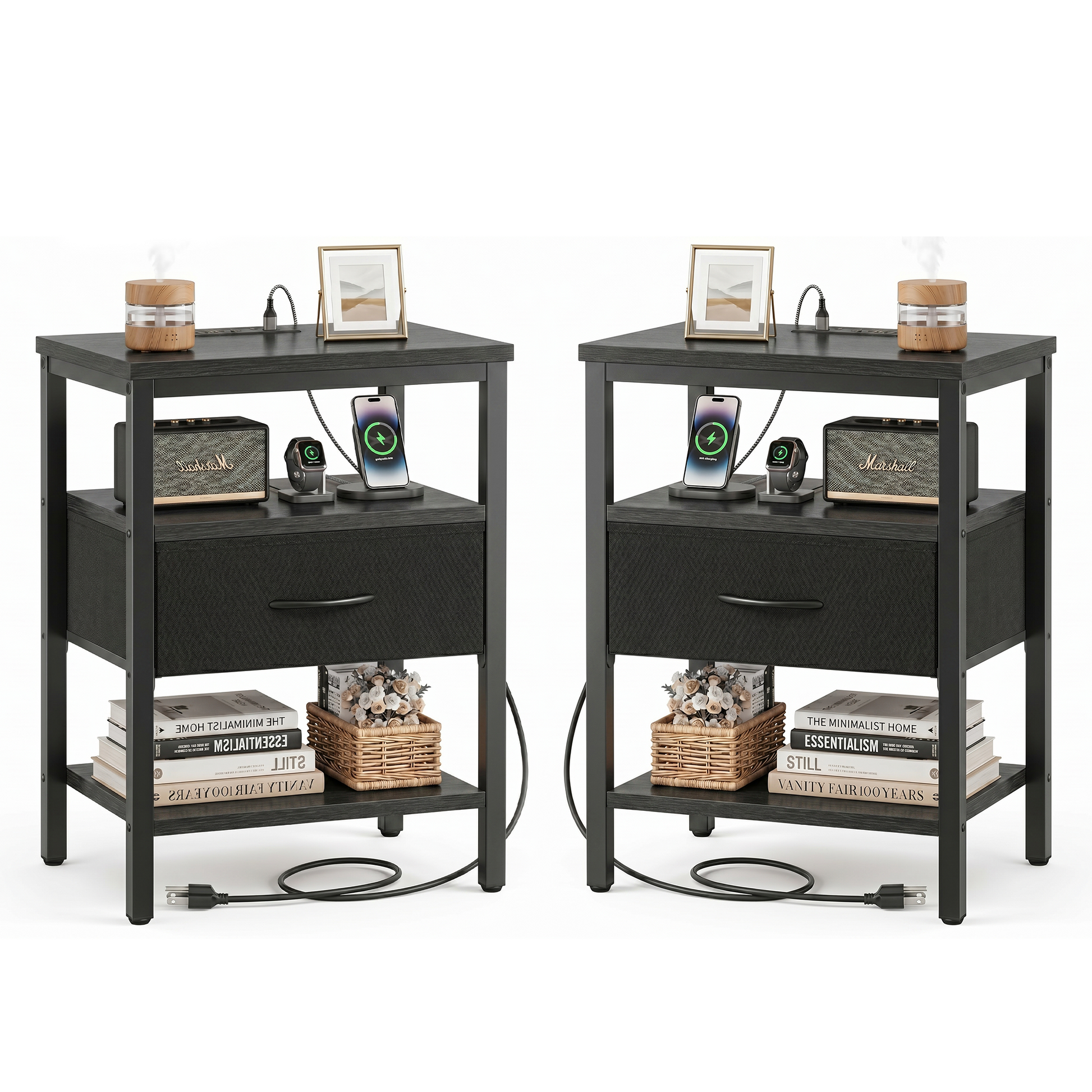 LIFERECORD Nightstand Set of 2 with Fabric Drawer, Nightstand with Charging Station, End Tables with Storage Shelf for Small Spaces, Bedside Table Side Tables for Bedroom, Black