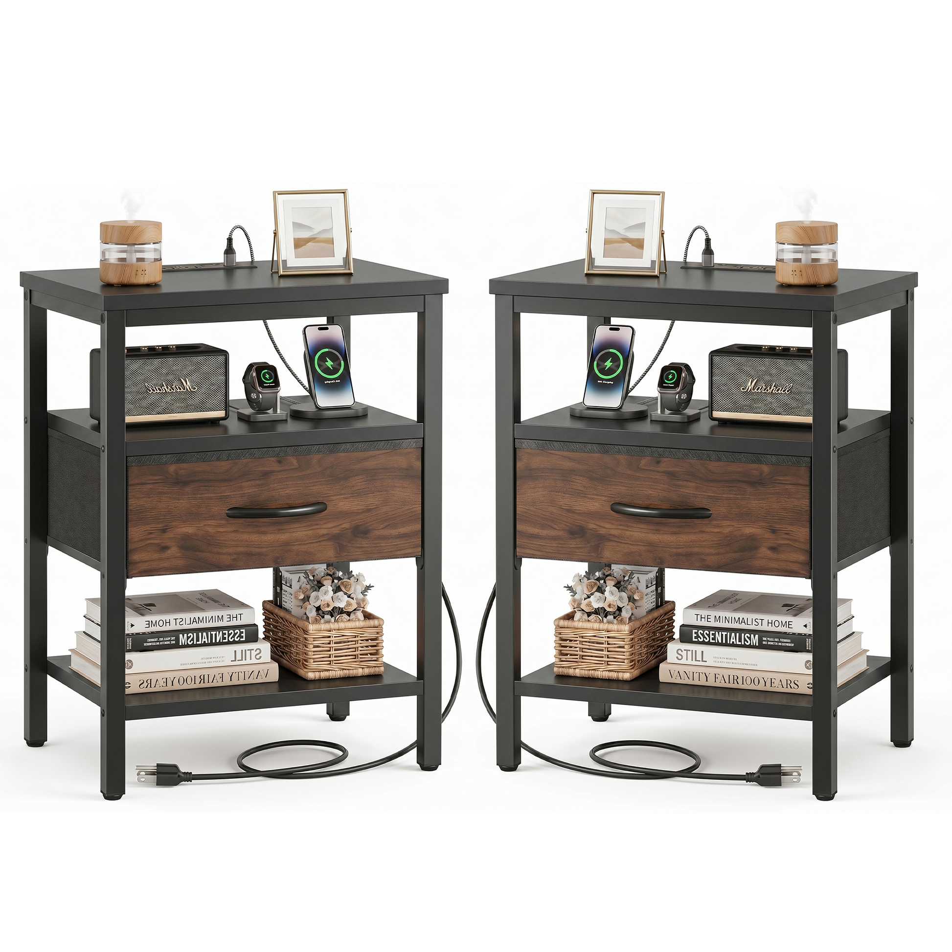 LIFERECORD Nightstand Set of 2 with Fabric Drawer, Nightstand with Charging Station, End Tables with Storage Shelf for Small Spaces, Bedside Table Side Tables for Bedroom, Black & Brown