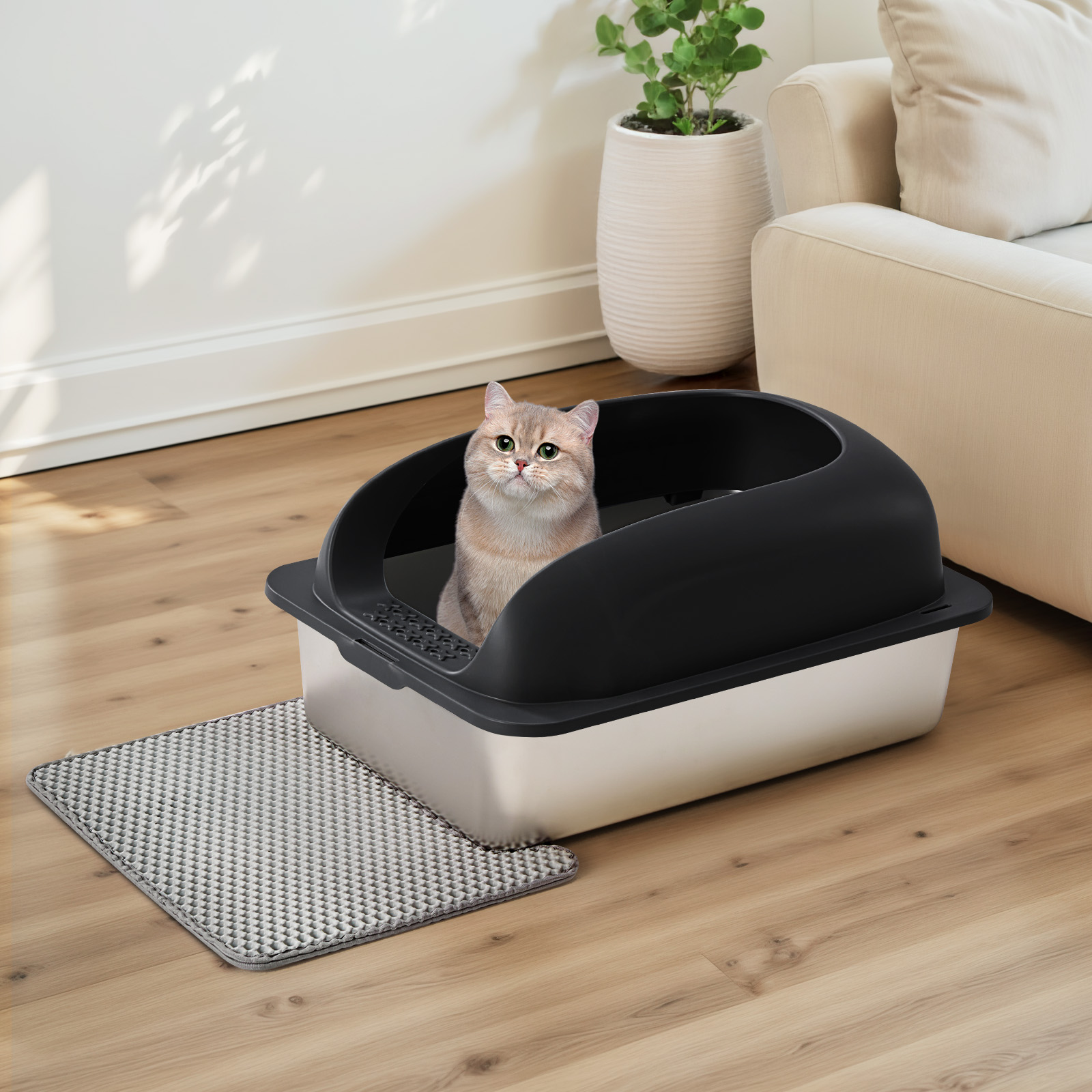 LIFERECORD Stainless Steel Cat Litter Box, Large Metal Cat Litter Box, Scoop and Mat Included, Easy to Clean and Odor Resistant for Multiple Cats, Black