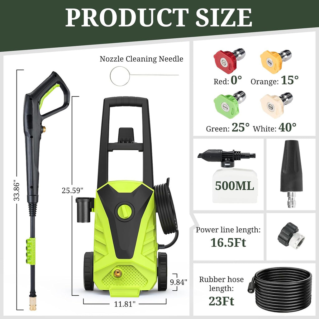 ROSVOVO 2100 PSI Electric Pressure Washer with Foam Cannon - 2.0 GPM High Pressure Cleaner with 5 Nozzles for Driveway, Car & Patio Cleaning, Green