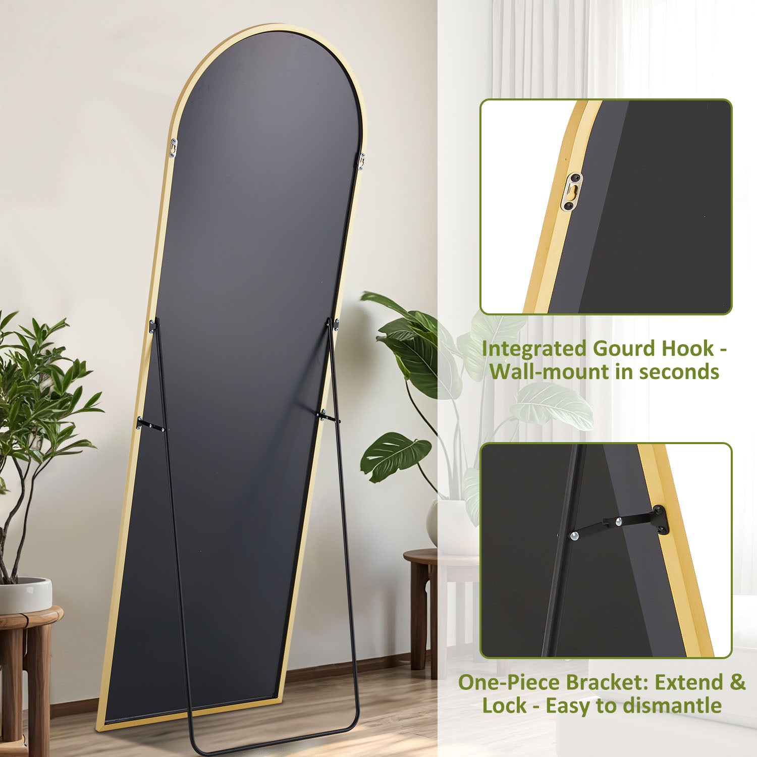 ACCVER 16"x60" Full Length Mirror - Classic Standing Mirror, Durable Aluminum Frame & Tempered Glass, Lean-to or Wall Mount for Bedroom/Dressing Room/Living Room, Arhced, Gold