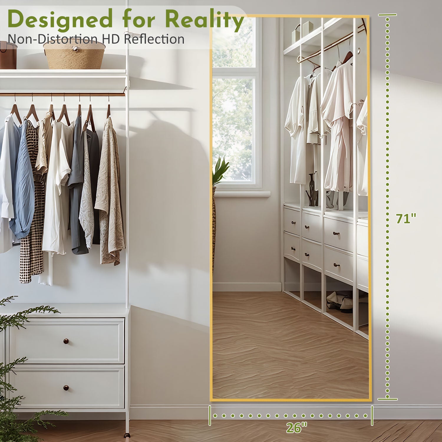 ACCVER  26"x71" Full Length Mirror - Classic Standing Mirror, Durable Aluminum Frame & Tempered Glass, Lean-to or Wall Mount for Bedroom/Dressing Room/Living Room, Rectangle, Gold