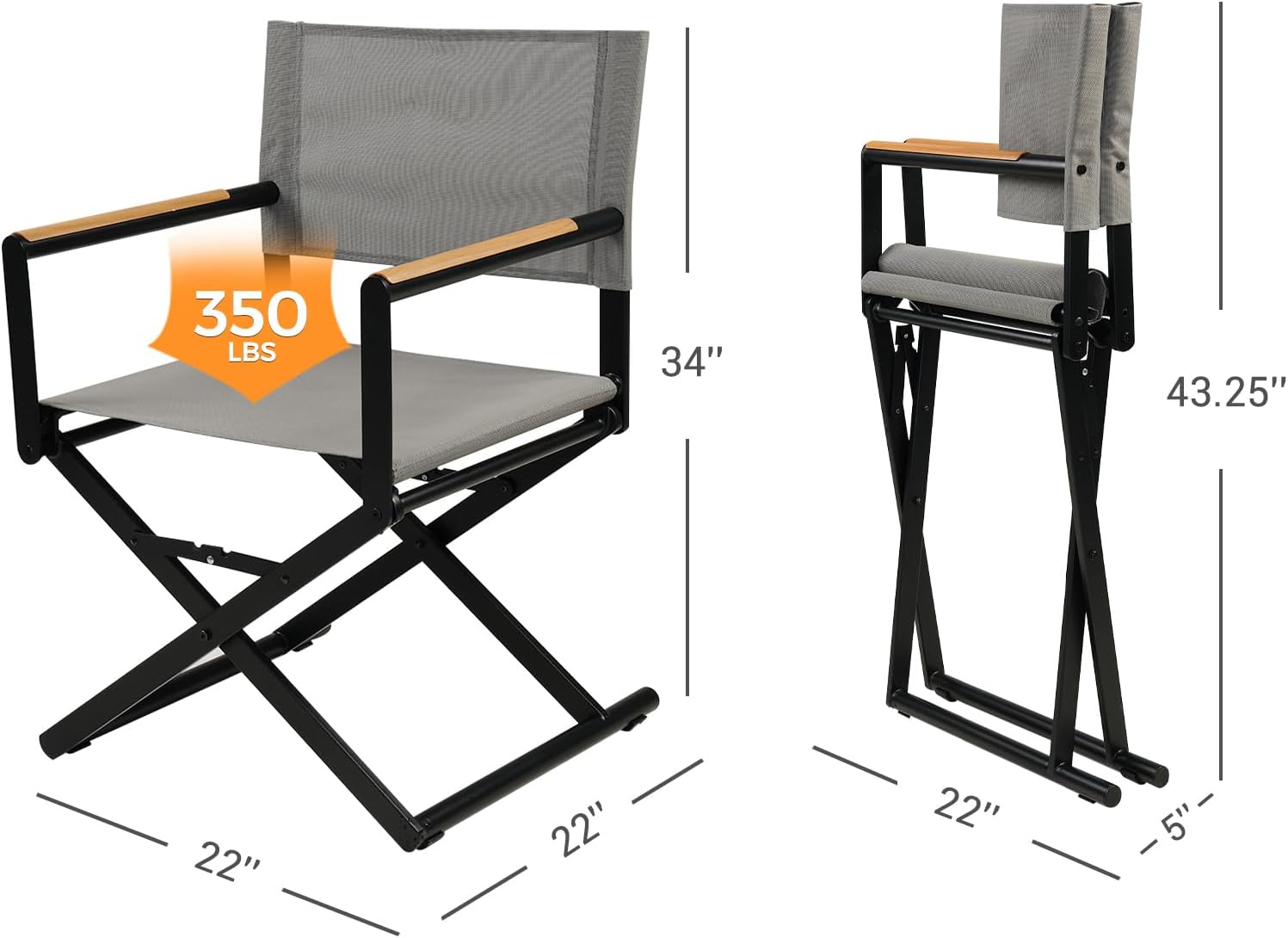 LIFERECORD Extra-Wide 2-Pack Directors Chairs, Outdoor Folding Chairs with UV-Resistant Mesh Sling for Camping, Patio, Poolside, Grey