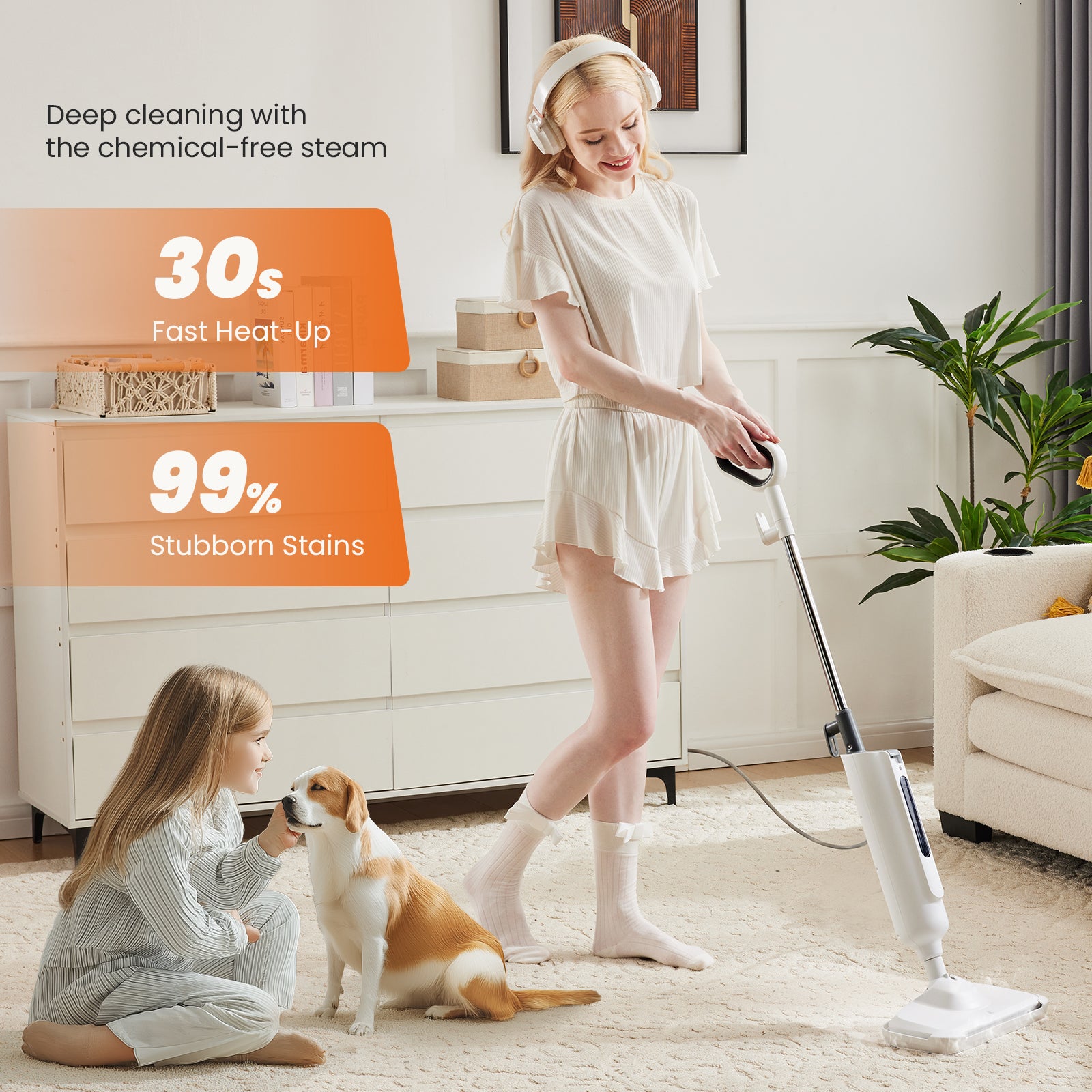 LIFERECORD Lightweight Steam Mop for Floors & Carpets | 30-Second Heat Up, 16ft Cord & Swivel Head for Hardwood, Tile, Laminate with 2 Washable Pads, Grey