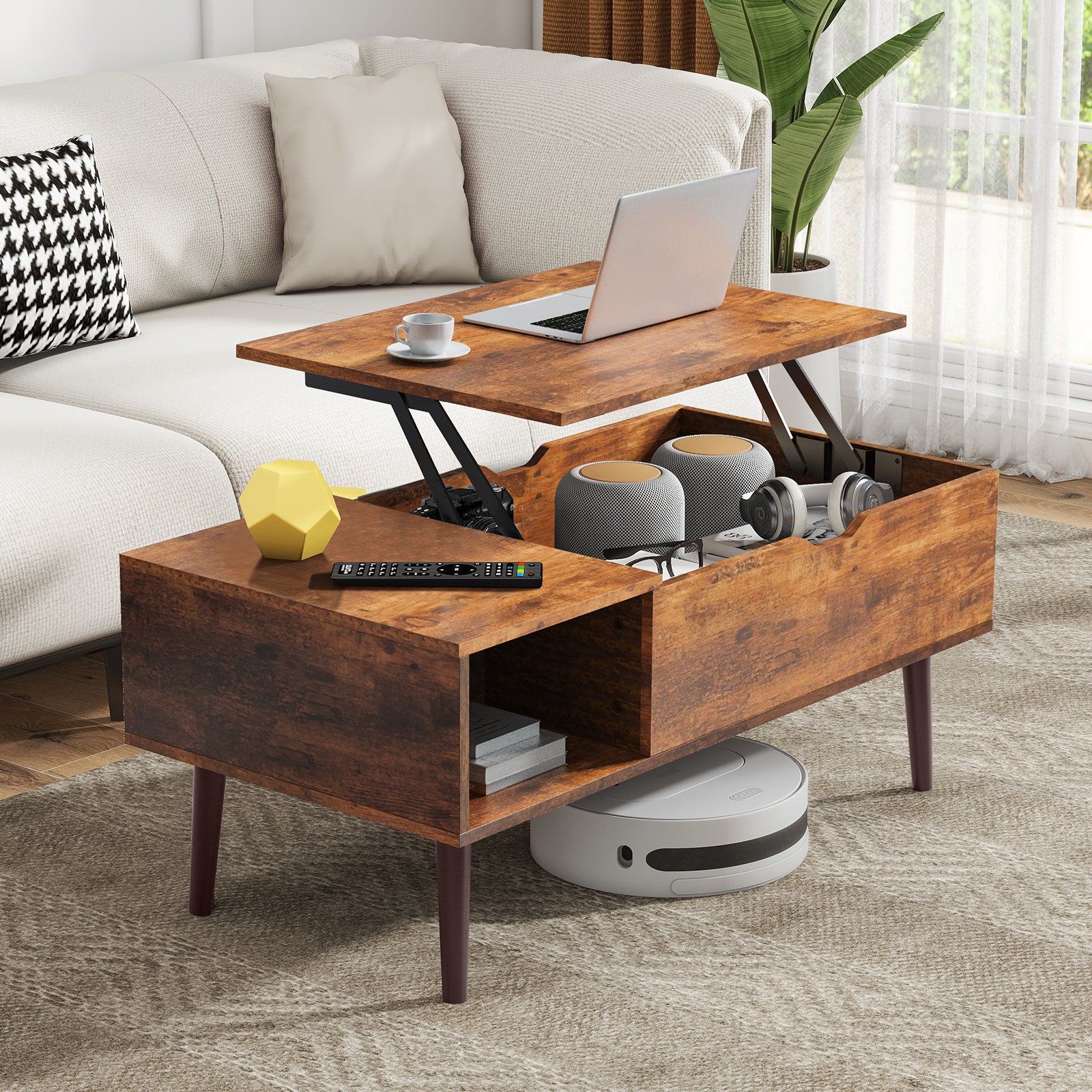 LIFERECORD Lift Top Coffee Table with Hidden Compartment, Wooden Center Tables with Storage Shelf for Living Room, Reception Room, Brown