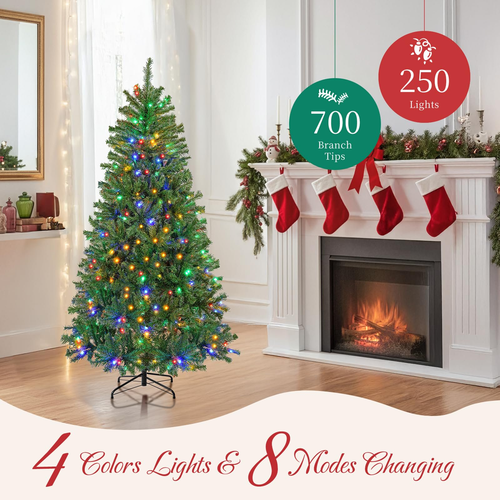 LIFERECORD 6ft Pre-lit Artificial Christmas Tree with 250 Color Changing LED Lights, 8 Modes Full Green PVC Xmas Tree with 700 Branch Tips & Metal Stand for Party Decoration