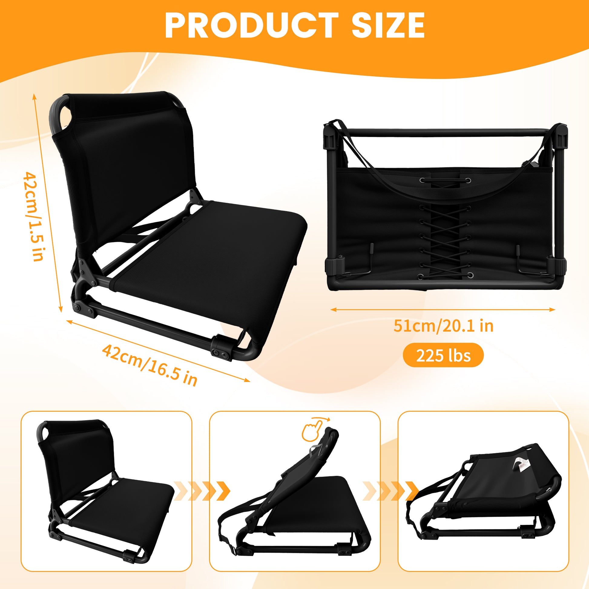 LIFERECORD Foldable Stadium Seat Chair with Back Support, Portable Bleacher Seat for Sports Games, Concerts, Parks - 225 lbs Capacity, Waterproof 600D Oxford Fabric, Dual Carry Options