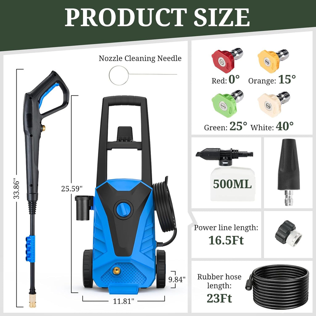 ROSVOVO 2100 PSI Electric Pressure Washer with Foam Cannon - 2.0 GPM High Pressure Cleaner with 5 Nozzles for Driveway, Car & Patio Cleaning, Blue