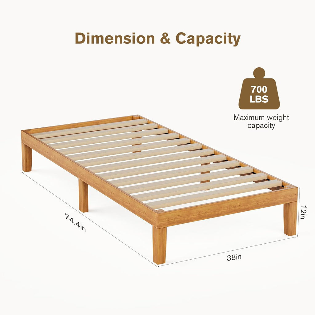 ACCVER Solid Wood Twin Size Bed Frame - 12in Natural Pine Platform Base with Wood Slats, Noise-Free & No Box Spring Needed, Natural Finish, Easy Assembly