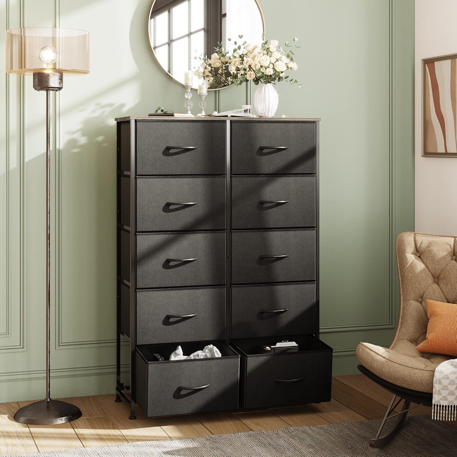 ACCVER 10-Drawer Fabric Dresser with Wood Top & Metal Frame, Closet and Chest for Bedroom, Clothes Storage Organizer, for Living Room, Apartment,Black