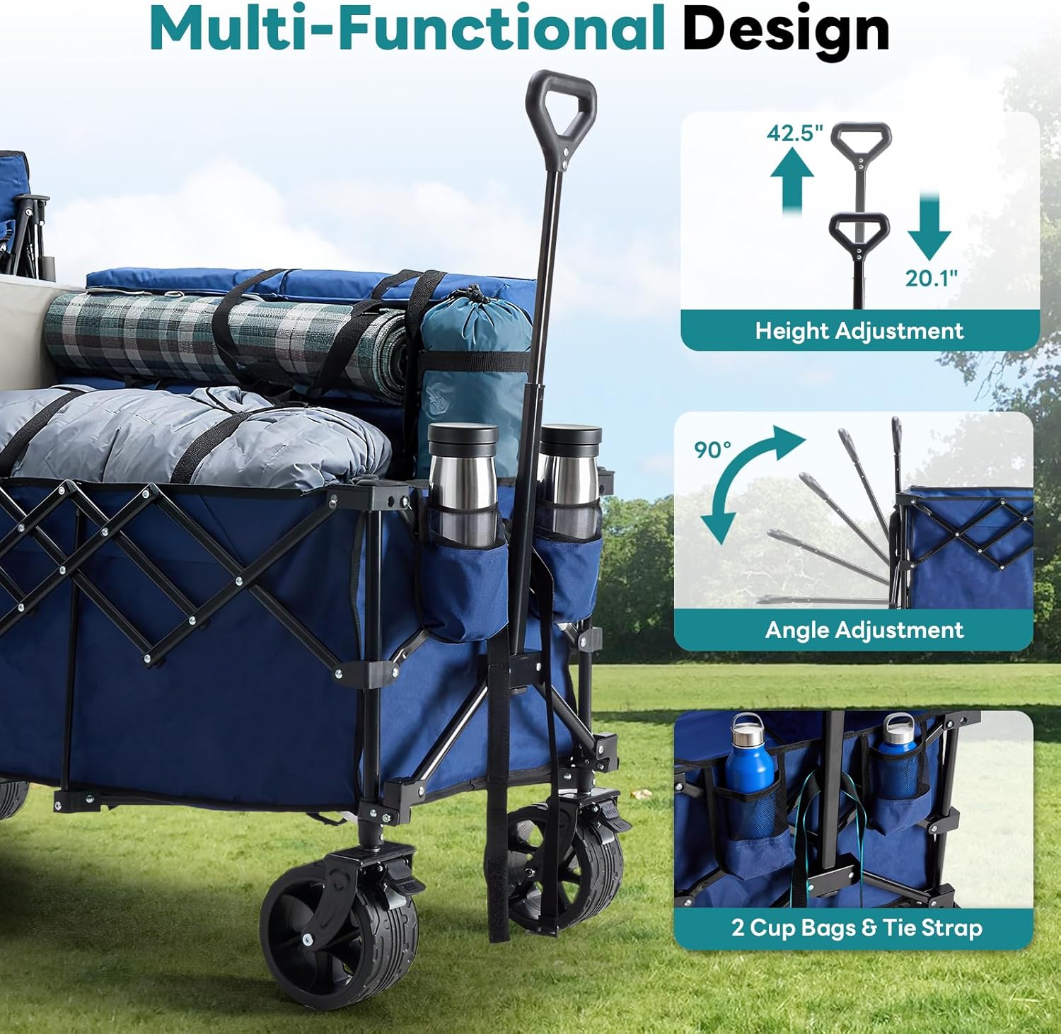 ACCVER Heavy Duty Collapsible Wagon Cart - 440LBS Capacity Folding Utility Cart w/ All-Terrain Wheels for Camping, Beach, Grocery, Sports (Foldable & Portable), Extra Large Blue