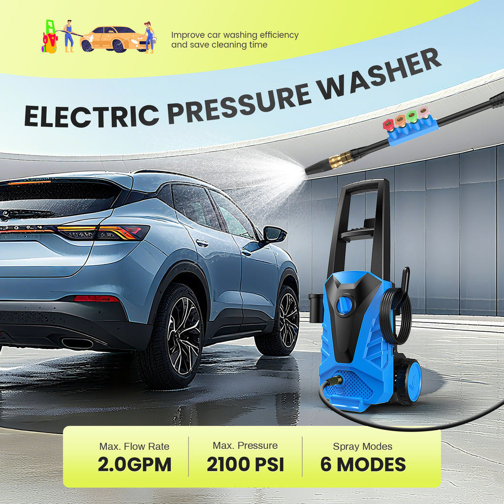 LIFERECORD Electric Pressure Washer, 2100 Max PSI 2.0 Max GPM with Foam Cannon, 5 Quick Connect Nozzles, for Cars/Fences/Driveways/Home/Patios, Blue