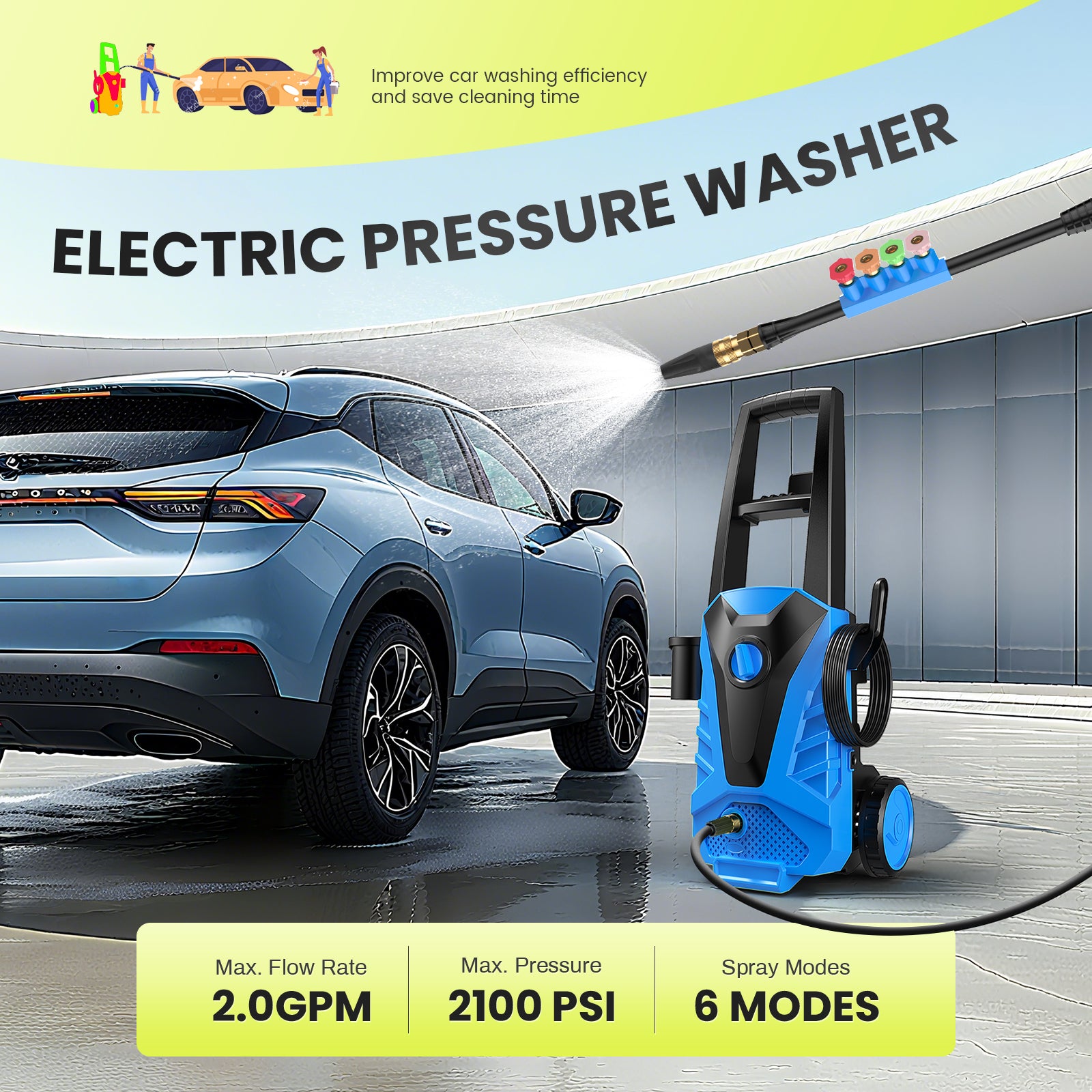 LIFERECORD Electric Pressure Washer, 2100 Max PSI 2.0 Max GPM with Foam Cannon, 5 Quick Connect Nozzles, for Cars/Fences/Driveways/Home/Patios, Blue