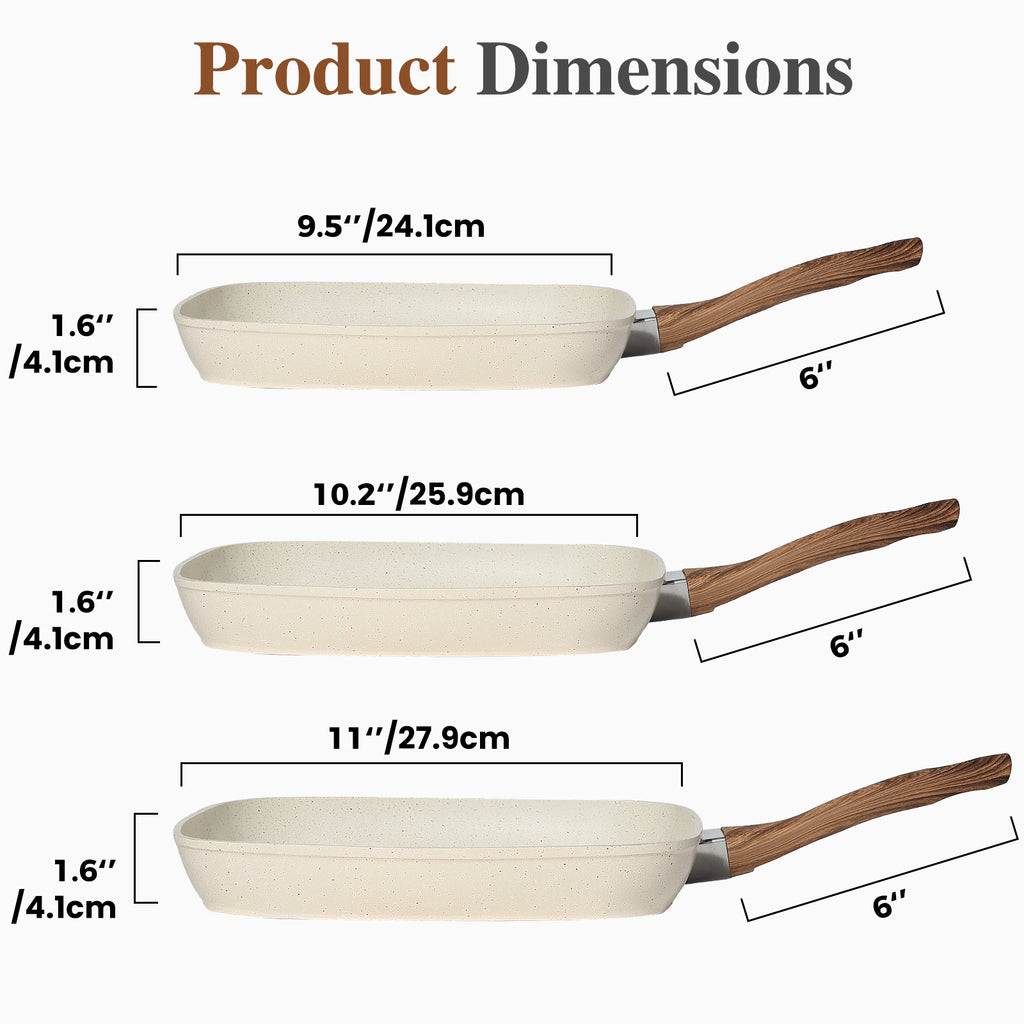 LIFERECORD Non Stick 3-Piece Kitchen Frying pan Skillet Set, 3 Piece Square Grill Pans (9.5", 10", 11") with Removable Handle, Compatible with All Stovetops, Beige